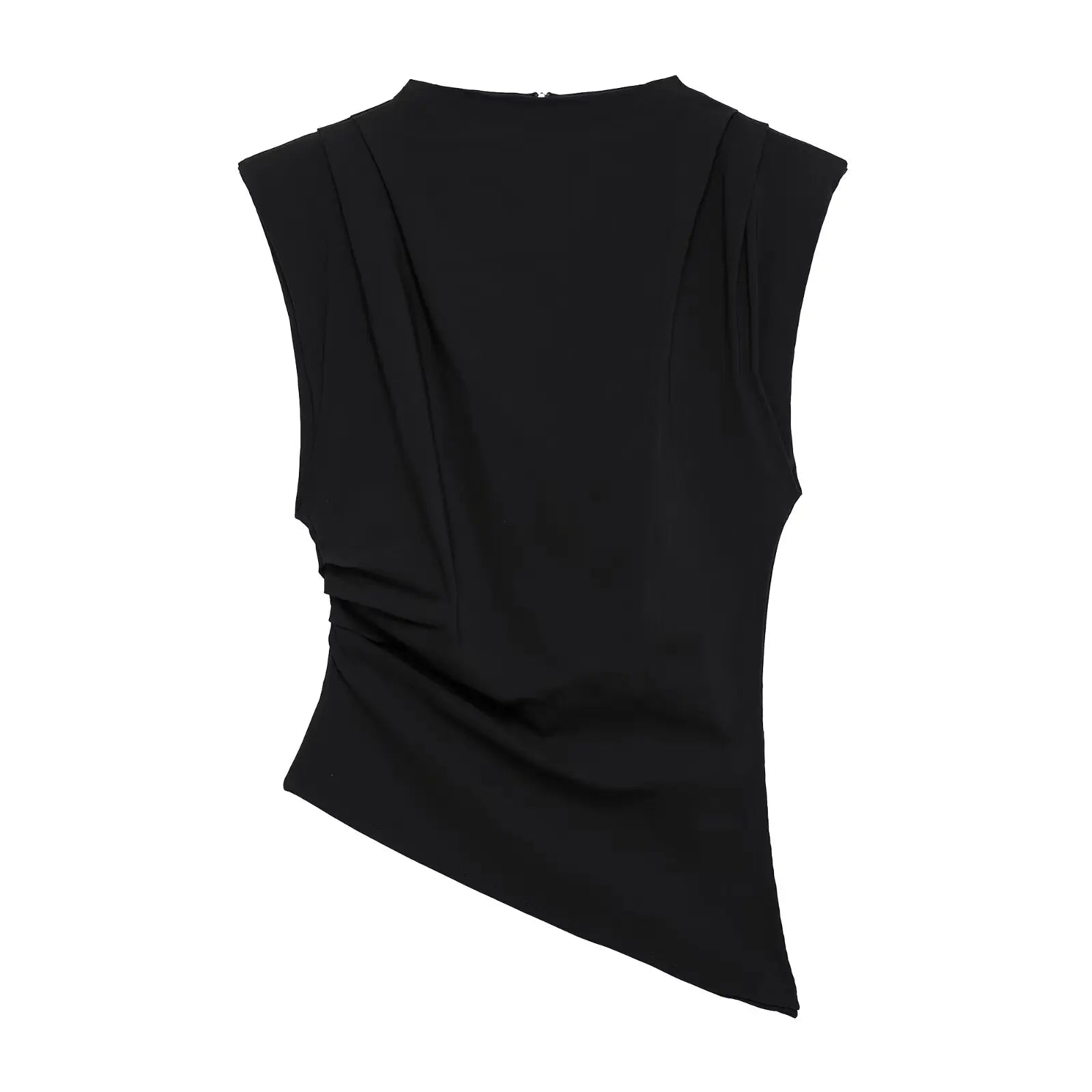 TRAFZA Women Vintage Solid Pleated Tank Tops Irregular Hem Sleeveless Tops Summer Fashion Lady High Street T-Shirt Chic Tops