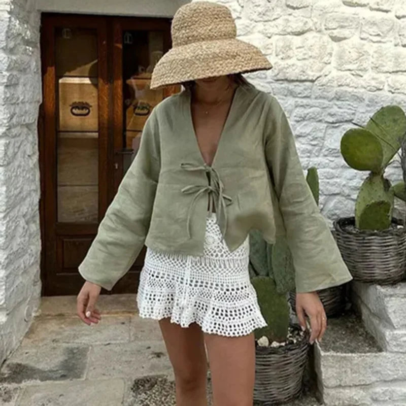 ALOBEE Loose Lace Up Bow Shirt Women Elegant V Neck Long Flare Sleeve Lady 2024 New Spring Summer Simple High Street Female Tops