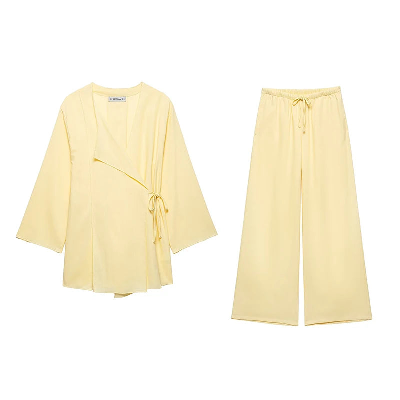 TFMLN Fashion 2 Pieces Sets Women Spring Summer Kimono Style Loose Lace Up Shirts Tops Women's Wide Leg Pants Sets