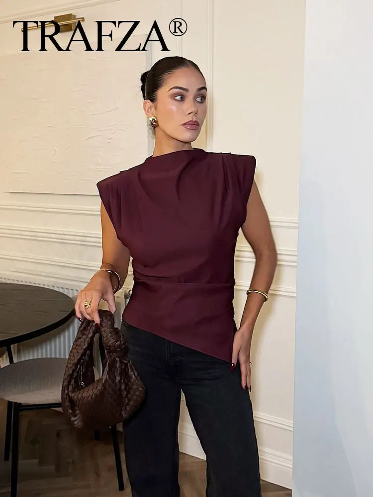 TRAFZA Women Vintage Solid Pleated Tank Tops Irregular Hem Sleeveless Tops Summer Fashion Lady High Street T-Shirt Chic Tops