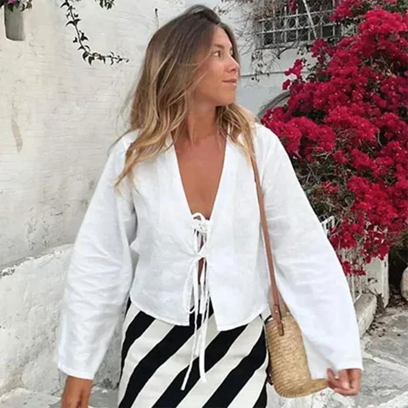 ALOBEE Loose Lace Up Bow Shirt Women Elegant V Neck Long Flare Sleeve Lady 2024 New Spring Summer Simple High Street Female Tops