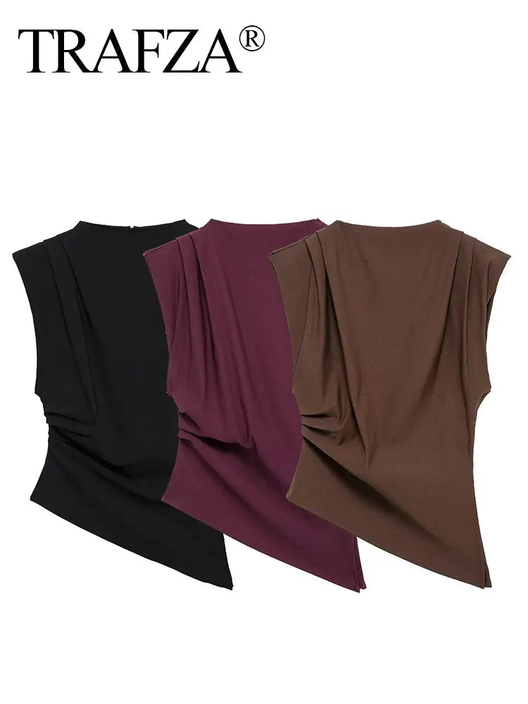 TRAFZA Women Vintage Solid Pleated Tank Tops Irregular Hem Sleeveless Tops Summer Fashion Lady High Street T-Shirt Chic Tops