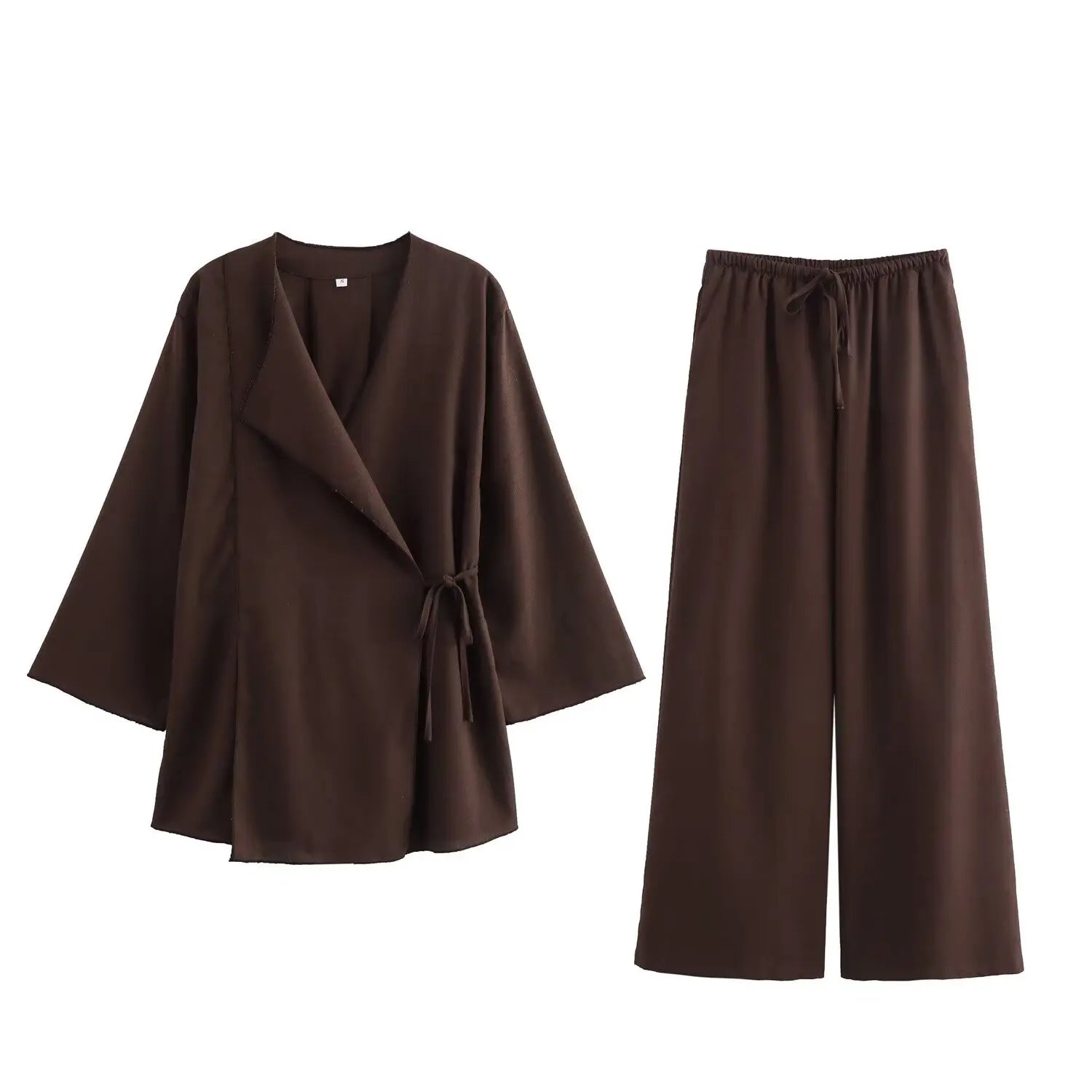 TFMLN Fashion 2 Pieces Sets Women Spring Summer Kimono Style Loose Lace Up Shirts Tops Women's Wide Leg Pants Sets