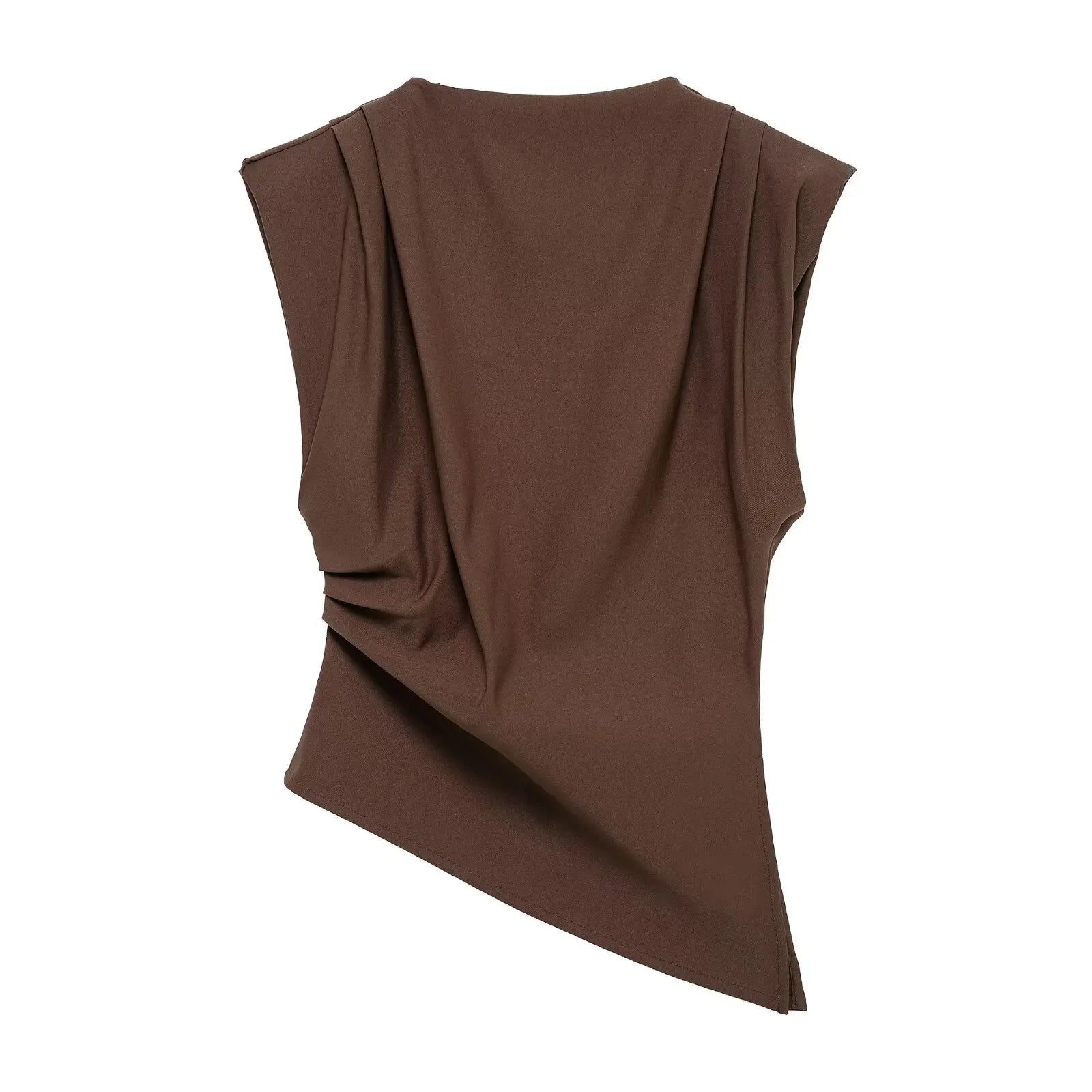 TRAFZA Women Vintage Solid Pleated Tank Tops Irregular Hem Sleeveless Tops Summer Fashion Lady High Street T-Shirt Chic Tops