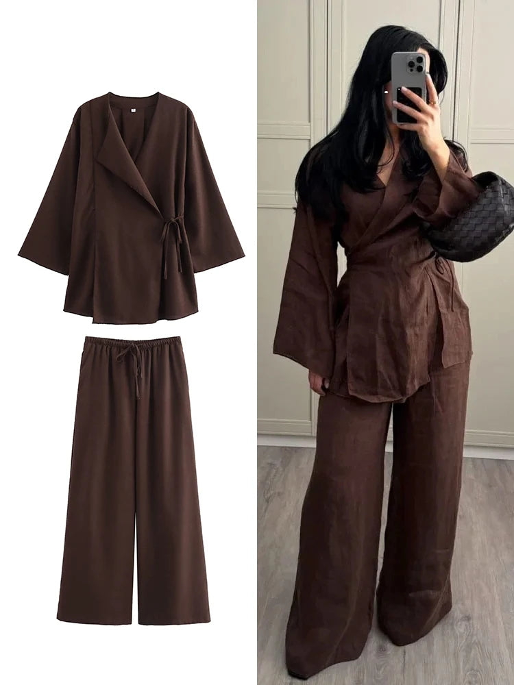 TFMLN Fashion 2 Pieces Sets Women Spring Summer Kimono Style Loose Lace Up Shirts Tops Women's Wide Leg Pants Sets