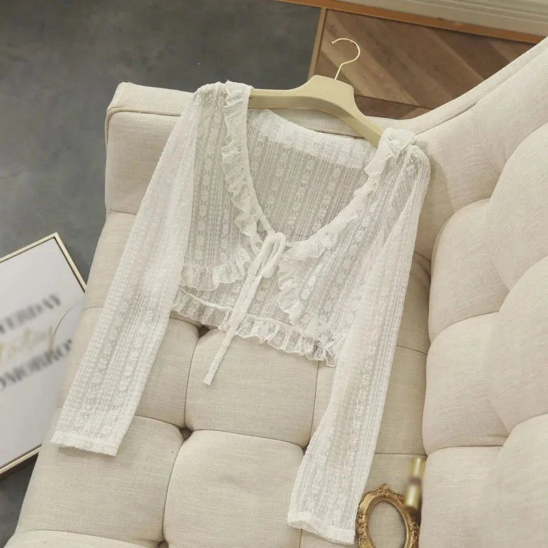 Lace Ruffle Shirt  Y2Y Korean Summer Cardigan Sunscreen Women Casual Fashion Long Sleeves Short Shirts Sun Protection Clothing