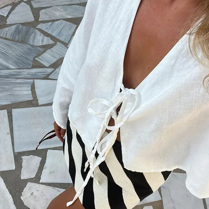 ALOBEE Loose Lace Up Bow Shirt Women Elegant V Neck Long Flare Sleeve Lady 2024 New Spring Summer Simple High Street Female Tops