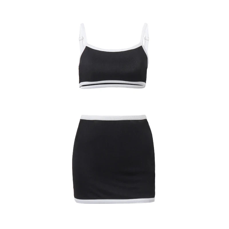 WhereMery Fashion Women Sports Suit Sexy Off Shoulder Sleeveless Crop Tops With Skinny Elastic Mini Skirts Summer Two Pirce Sets