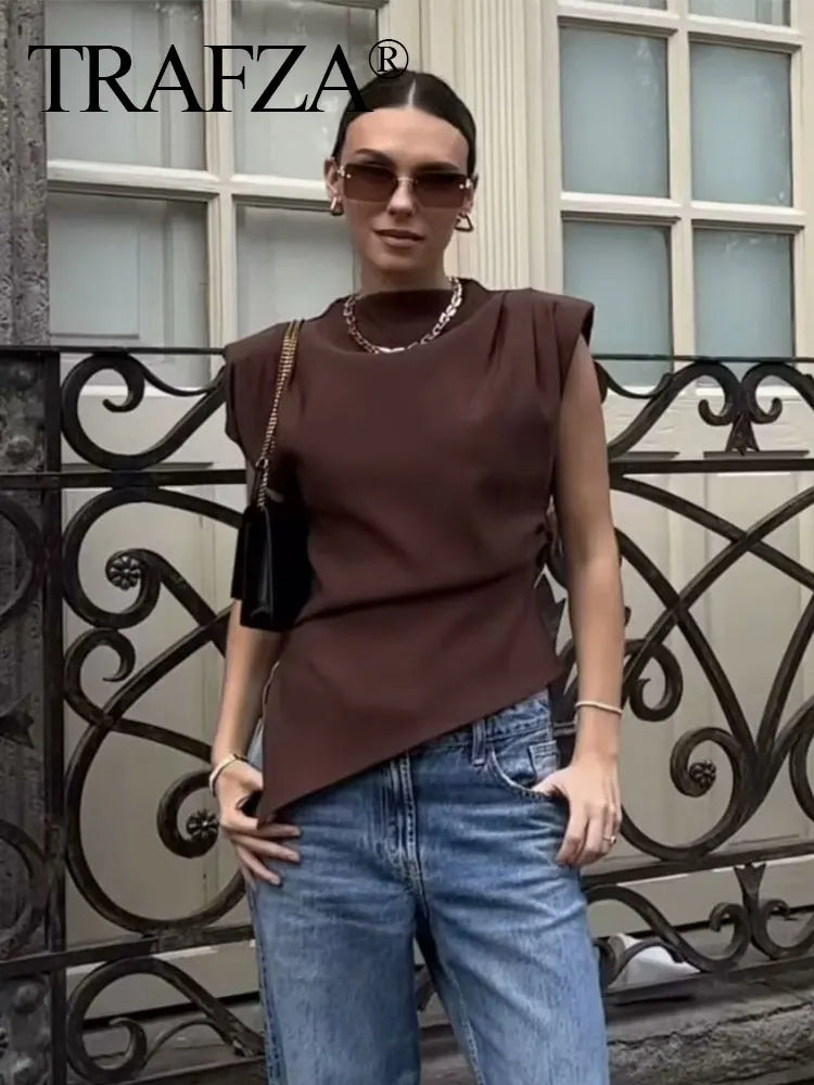 TRAFZA Women Vintage Solid Pleated Tank Tops Irregular Hem Sleeveless Tops Summer Fashion Lady High Street T-Shirt Chic Tops