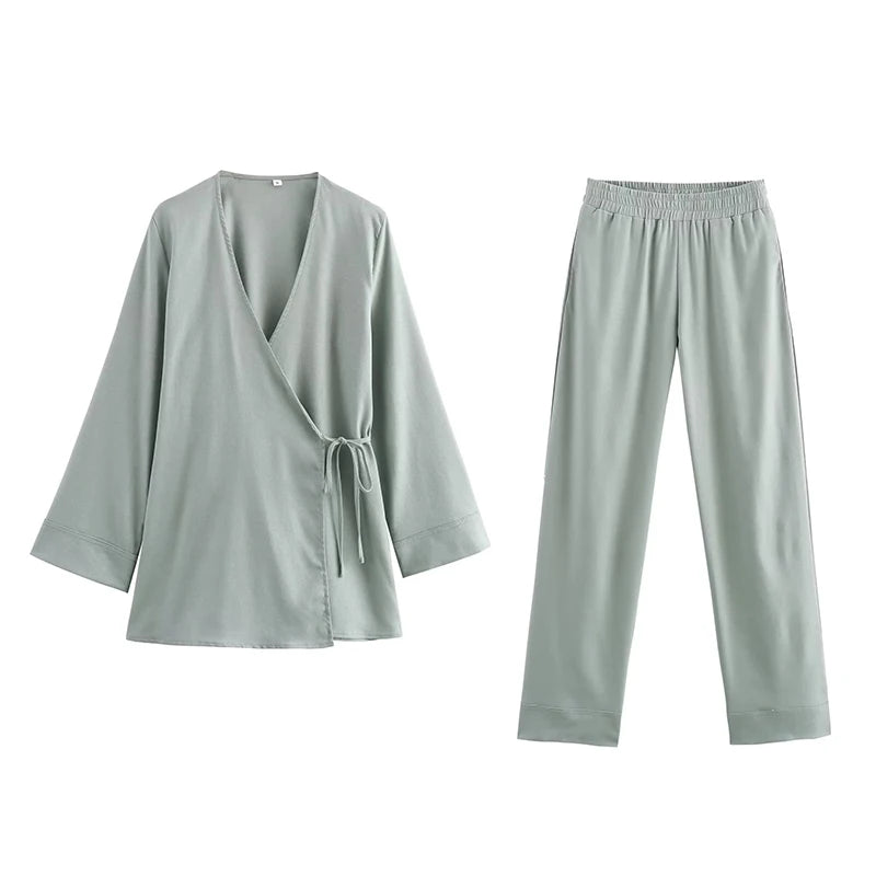 TFMLN Fashion 2 Pieces Sets Women Spring Summer Kimono Style Loose Lace Up Shirts Tops Women's Wide Leg Pants Sets
